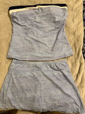 Strapless Light Blue Tankini with Navy and Cream Trim